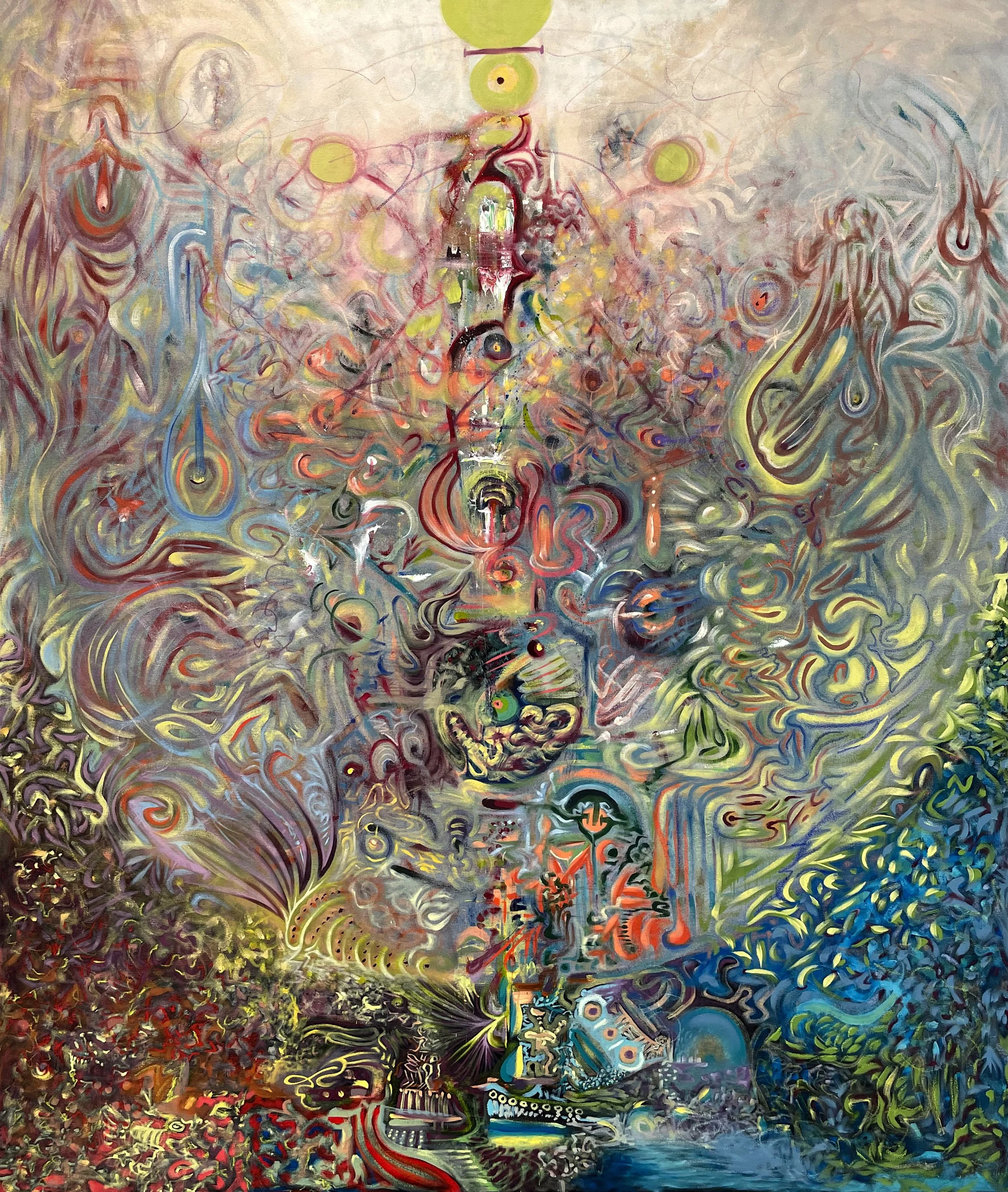 Abstract, vibrant painting with swirling colors and shapes. The artwork suggests a central vertical structure with various organic and geometric patterns in shades of yellow, red, green, blue, purple, and black.
