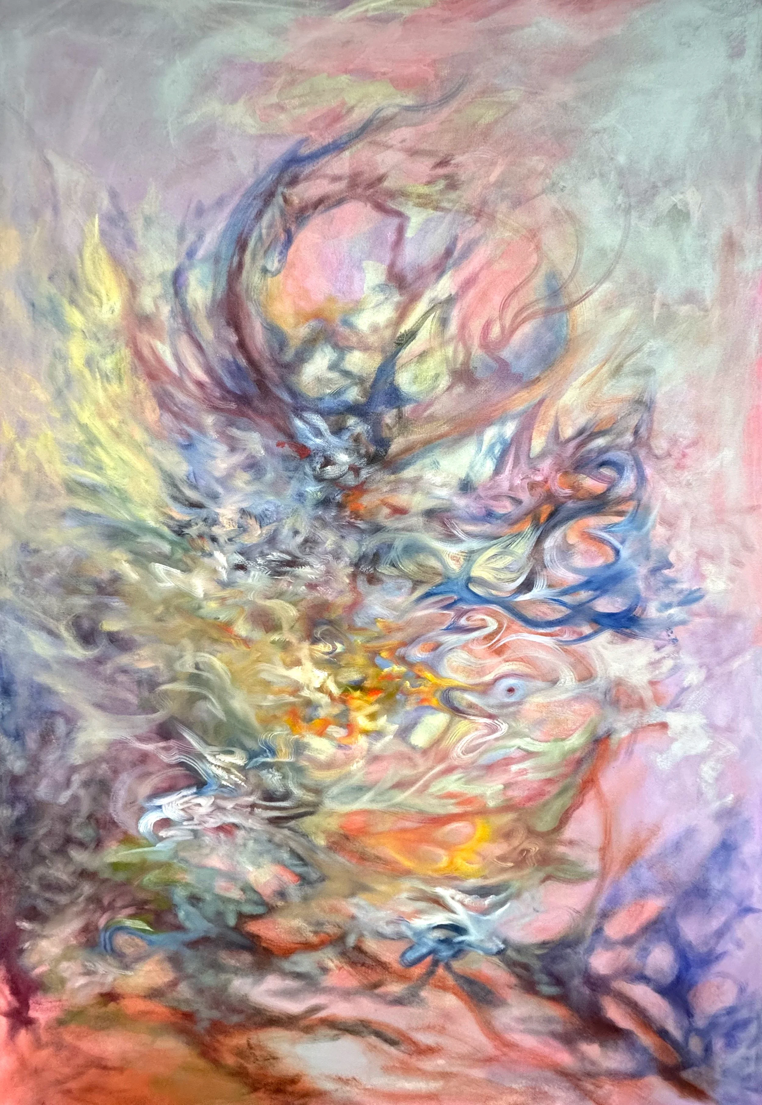 An abstract painting with swirling colors including pink, blue, yellow, and orange, creating a dreamy, fluid composition.