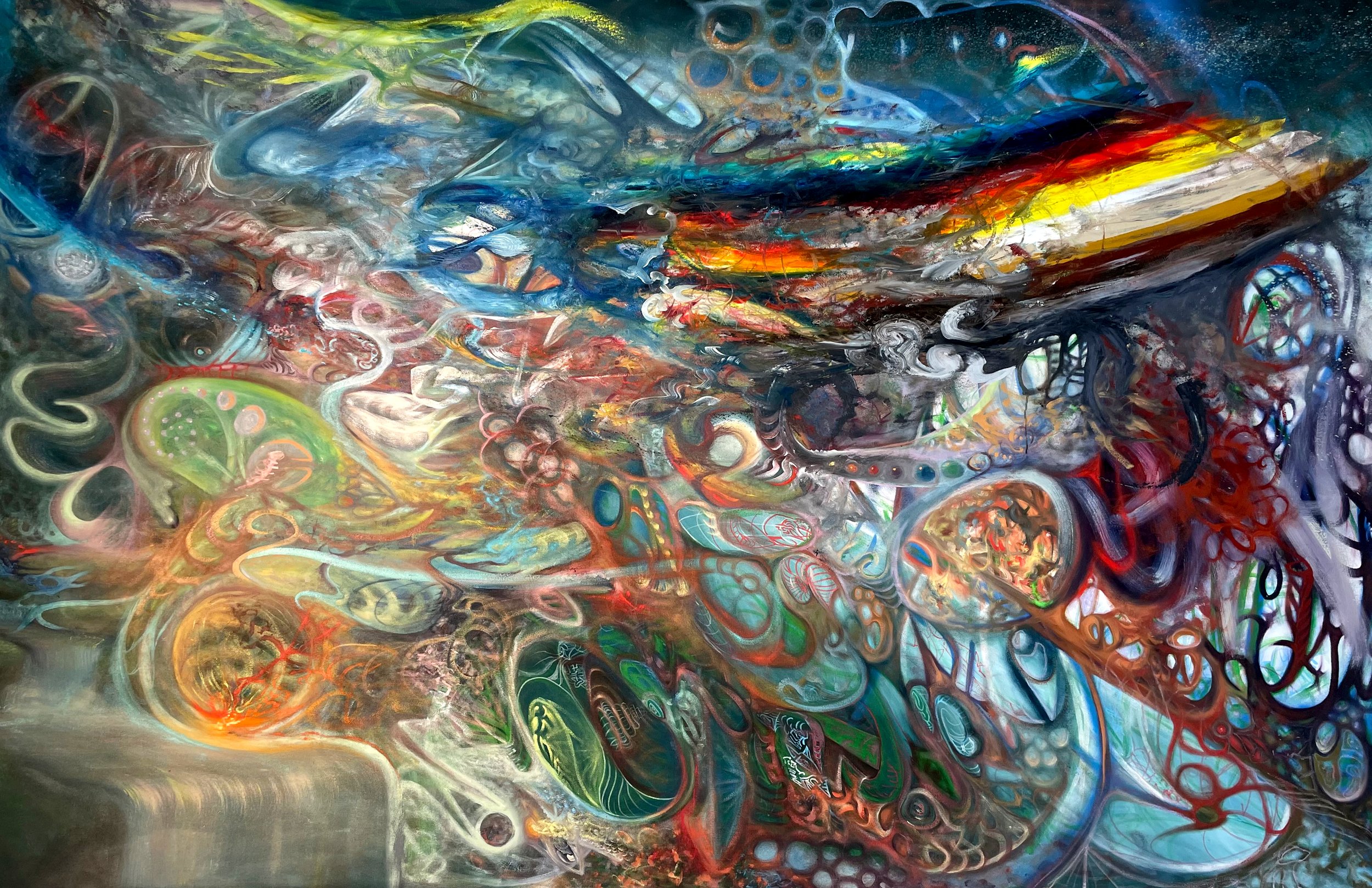 Abstract colorful painting with swirling patterns and vibrant colors including blue, red, yellow, green, and black.