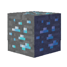A pixelated cube with a dark background, featuring glowing blue and white specks resembling a block from a video game like Minecraft.