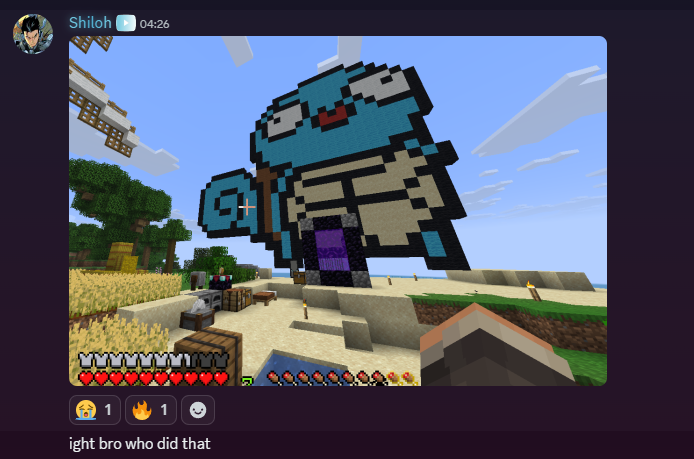 Pixel art of a blue and white cartoon character resembling a fish or aquatic creature, created in Minecraft, standing on a grassy platform with trees and structures in the background.