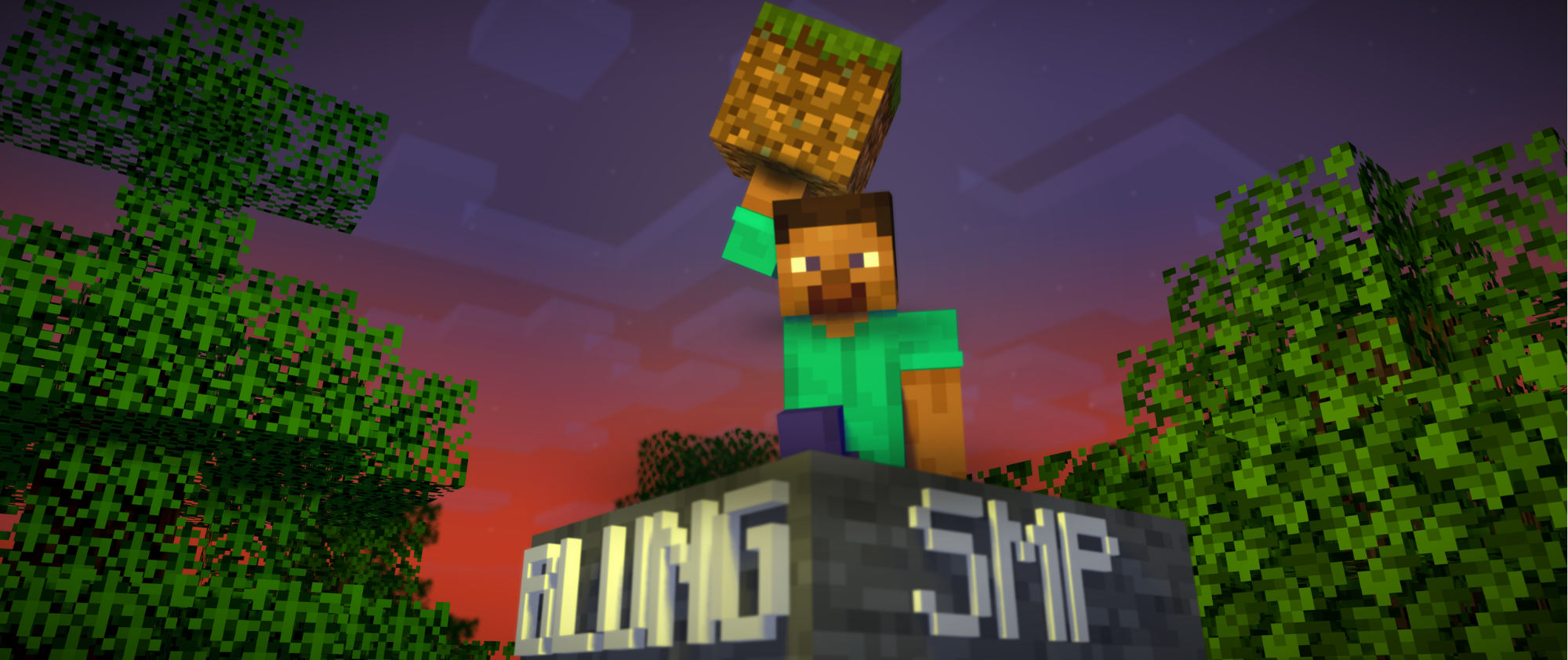 Minecraft character standing on a stone block at sunset, holding a dirt block with trees in the background.