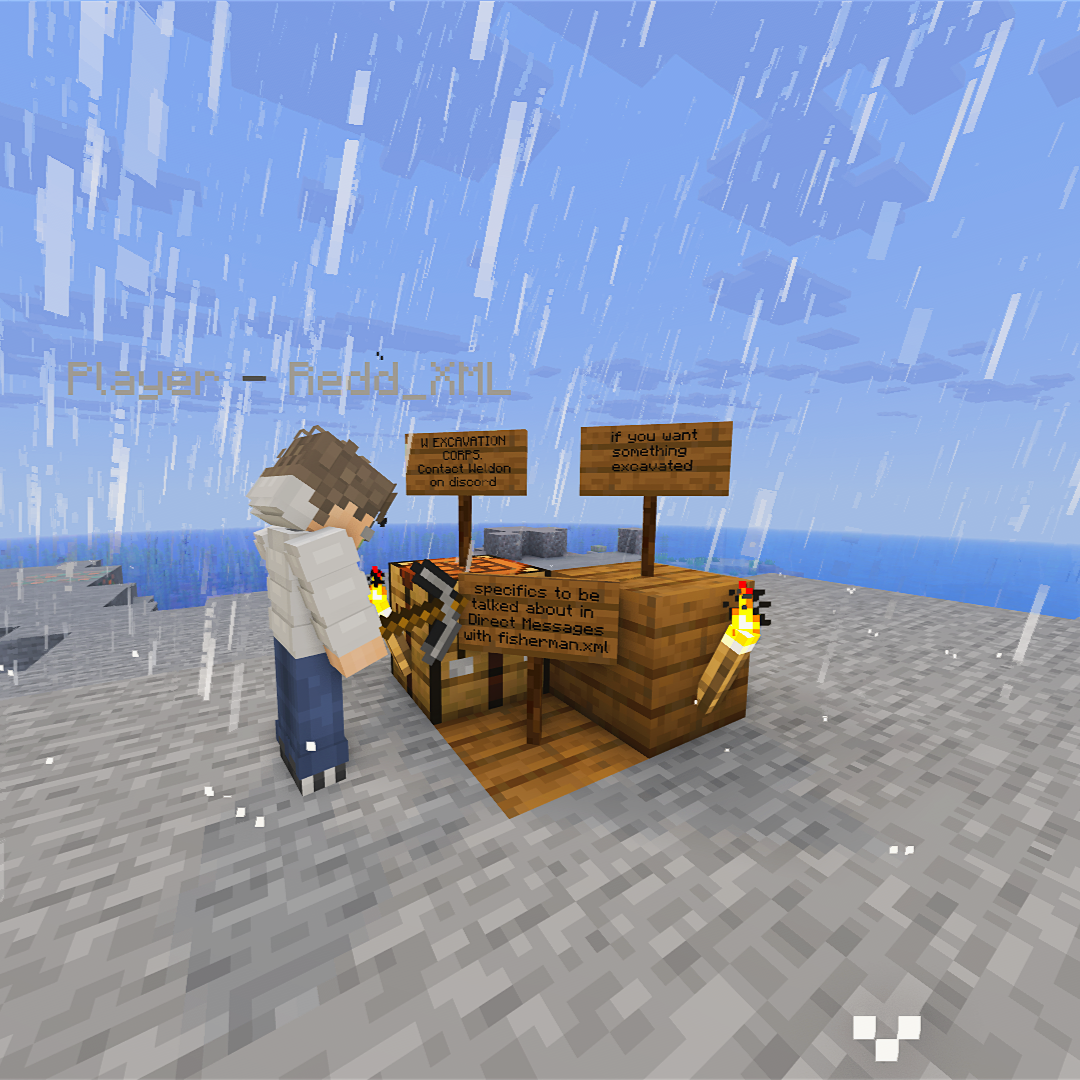 Minecraft character standing near a wooden donation box with signs on a rainy day, over an ocean backdrop.