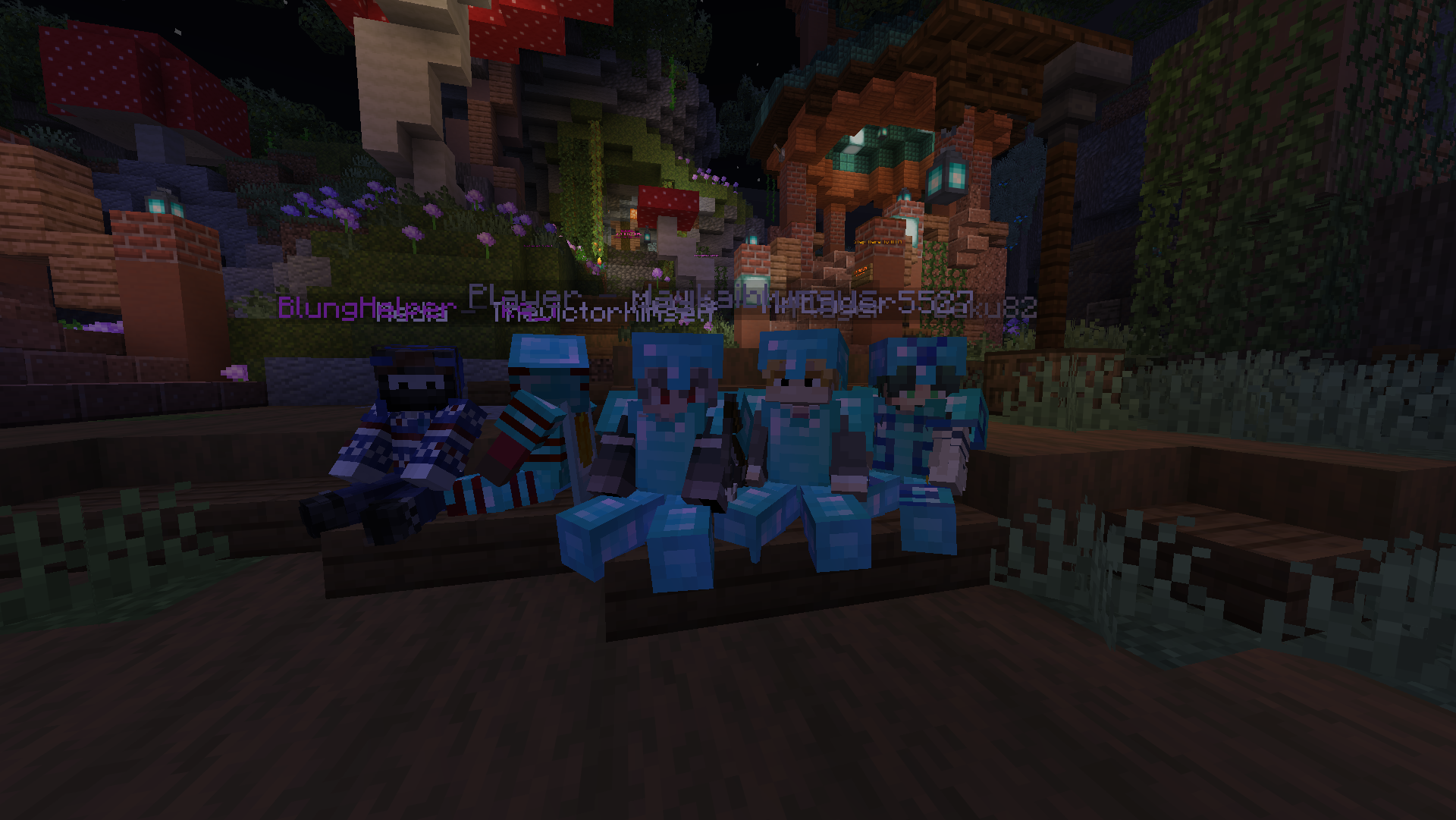 Five Minecraft characters sitting on a wooden bench in a vibrant, colorful environment during nighttime, with flowers, mushrooms, and structures in the background.