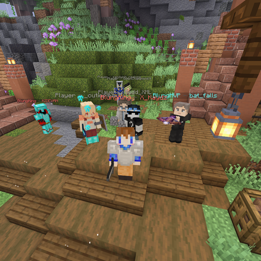 Minecraft characters gathered on a staircase outside near flowers and greenery, with lanterns illuminating the scene.