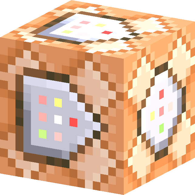 Pixelated wooden cube with app icon designs on all sides, resembling a Minecraft-style object, set against a pink background.