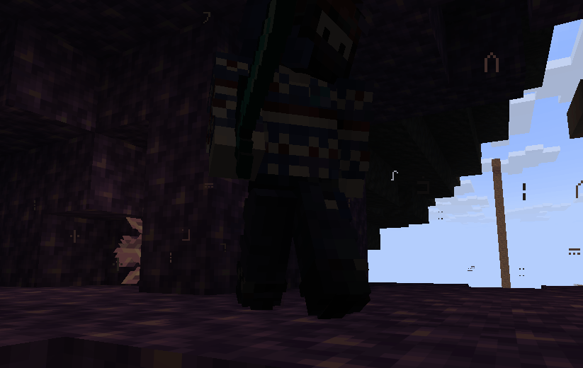 A pixelated character in a dark cave or overhang in a Minecraft game, with some background sky visible including clouds and wooden structures.