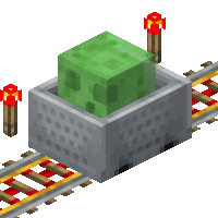 A block of slime in a minecart on a railroad track with red nether brick fences and redstone torches.