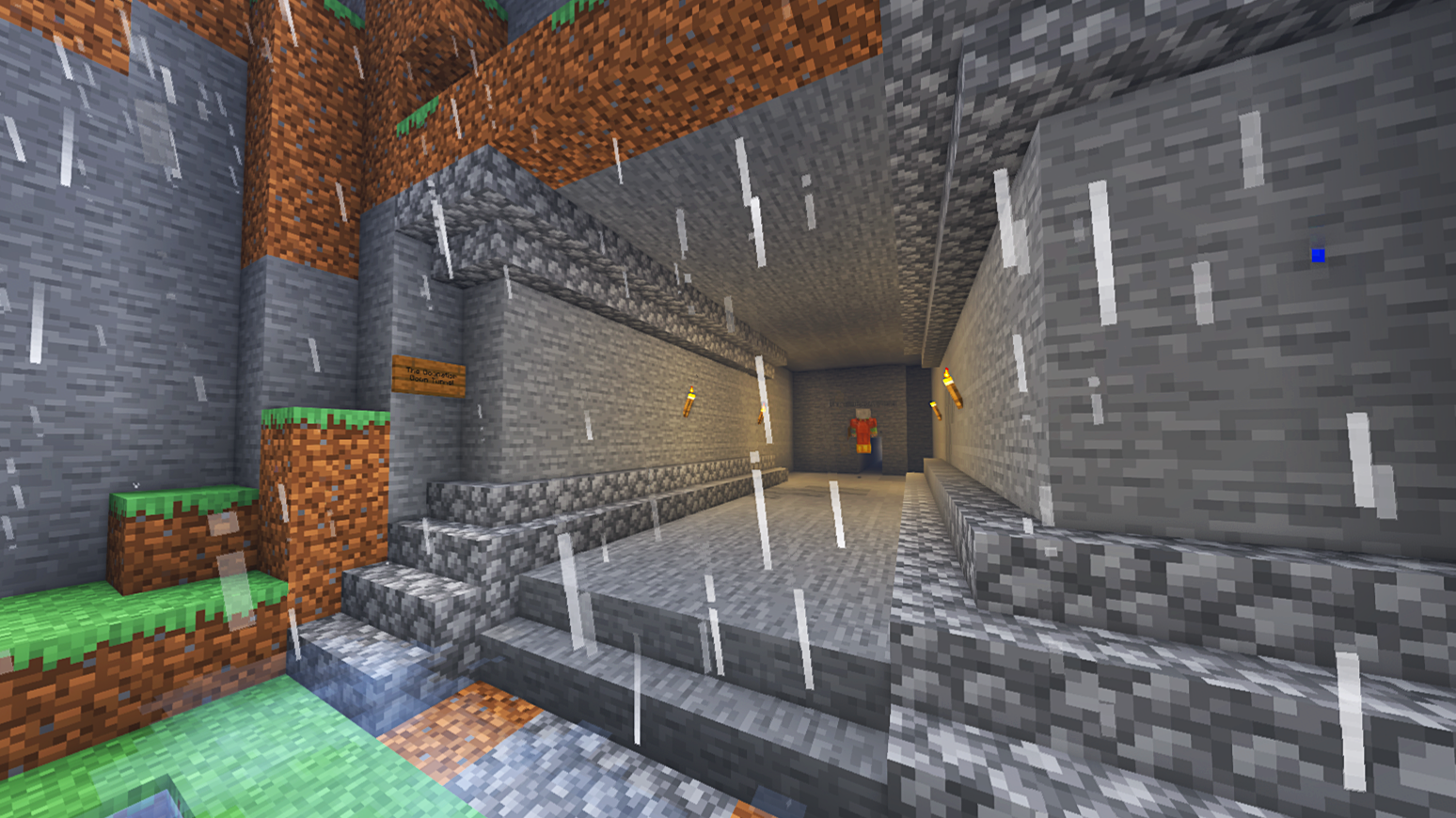 Inside a Minecraft cave with stone stairs and torches, showing rain outside through an opening on the left.