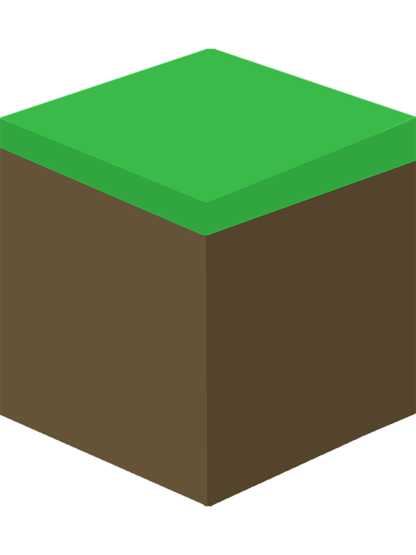 Isometric illustration of a pixelated green grassy patch on top of a brown dirt cube.