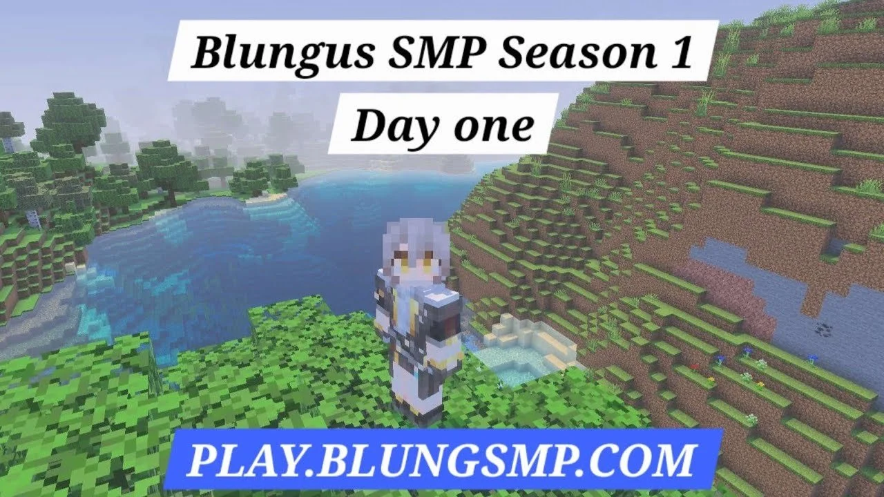 Screenshot from a Minecraft game showing a blocky character standing on a green hill overlooking a lake, trees, and mountains in the distance. Text overlay reads 'Blungus SMP Season 1 Day one' and 'PLAY.BLUNGSMODULE.COM'.