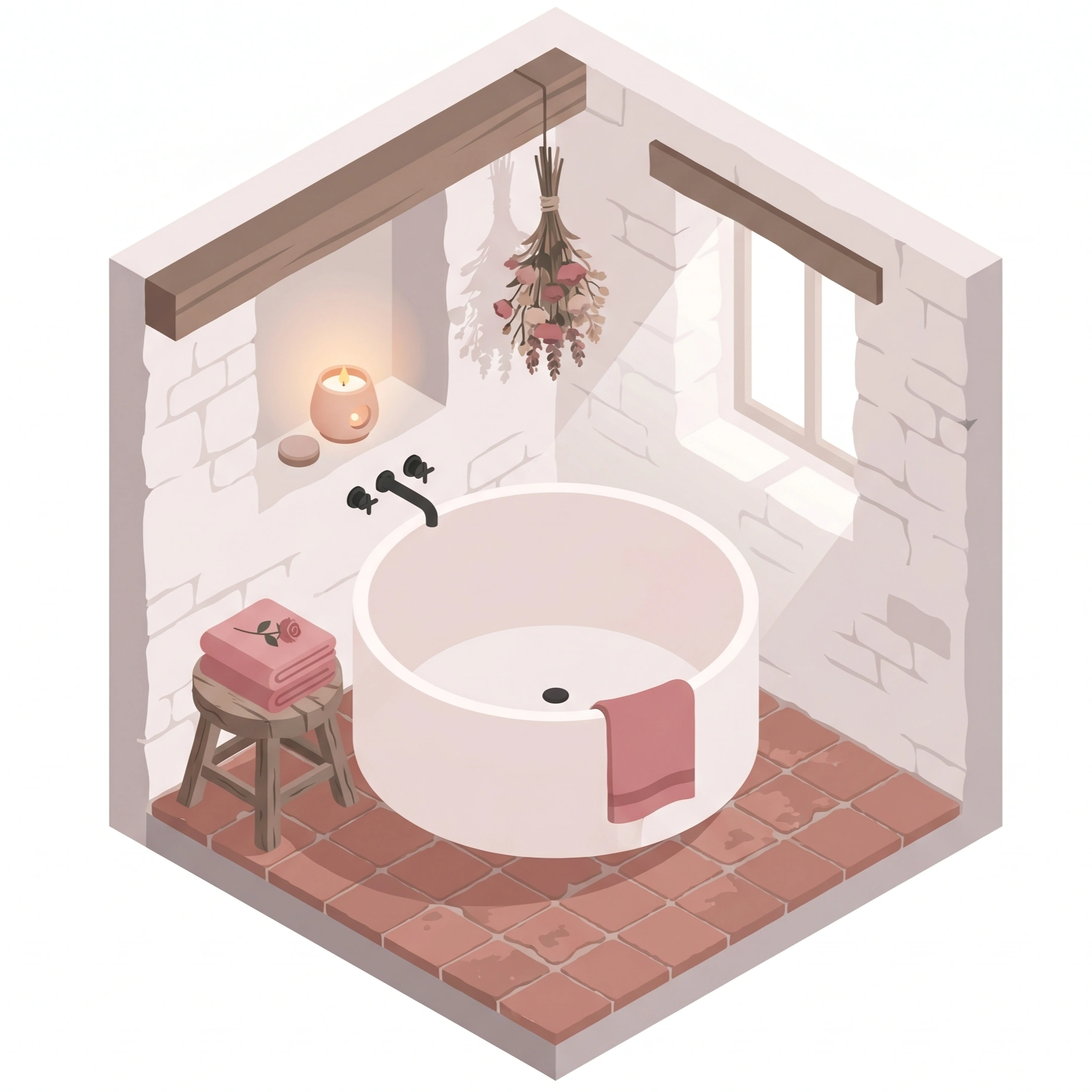Isometric illustration of a bathroom at Masseria Coucou
