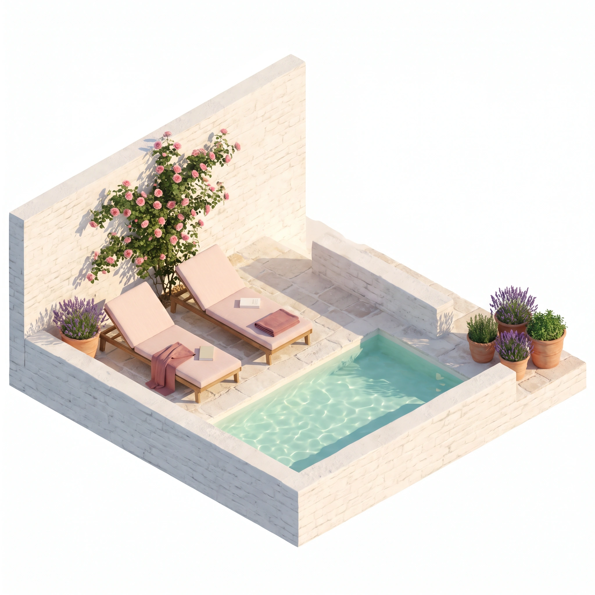 Isometric illustration of the courtyard and pool at Masseria Coucou