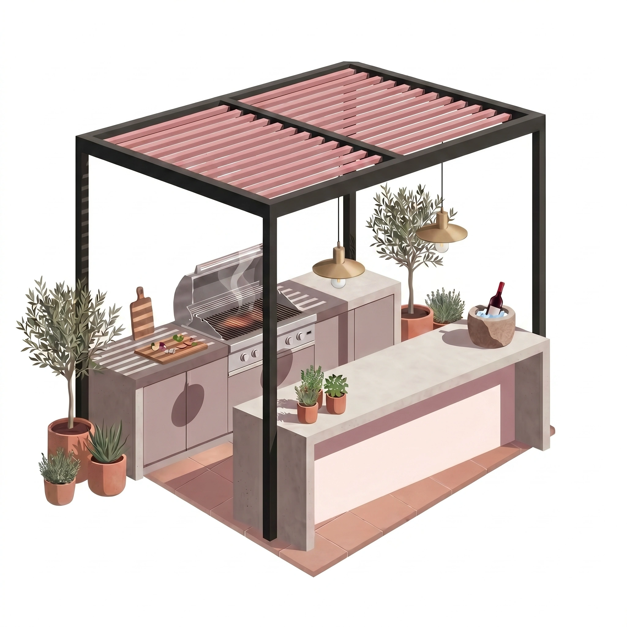 Isometric illustration of the open-air kitchen at Masseria Coucou