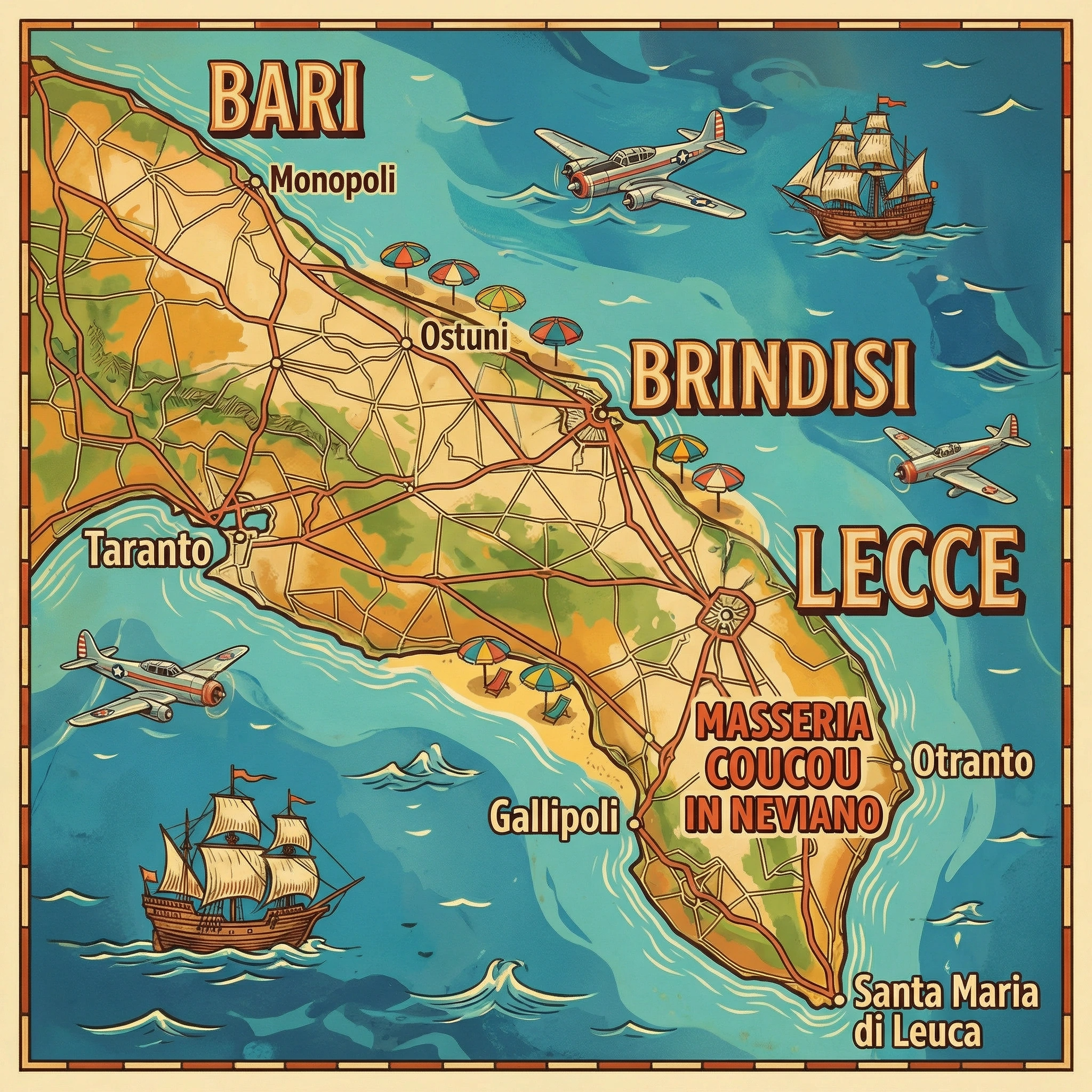 Map of Salento, Puglia, showing Masseria Coucou