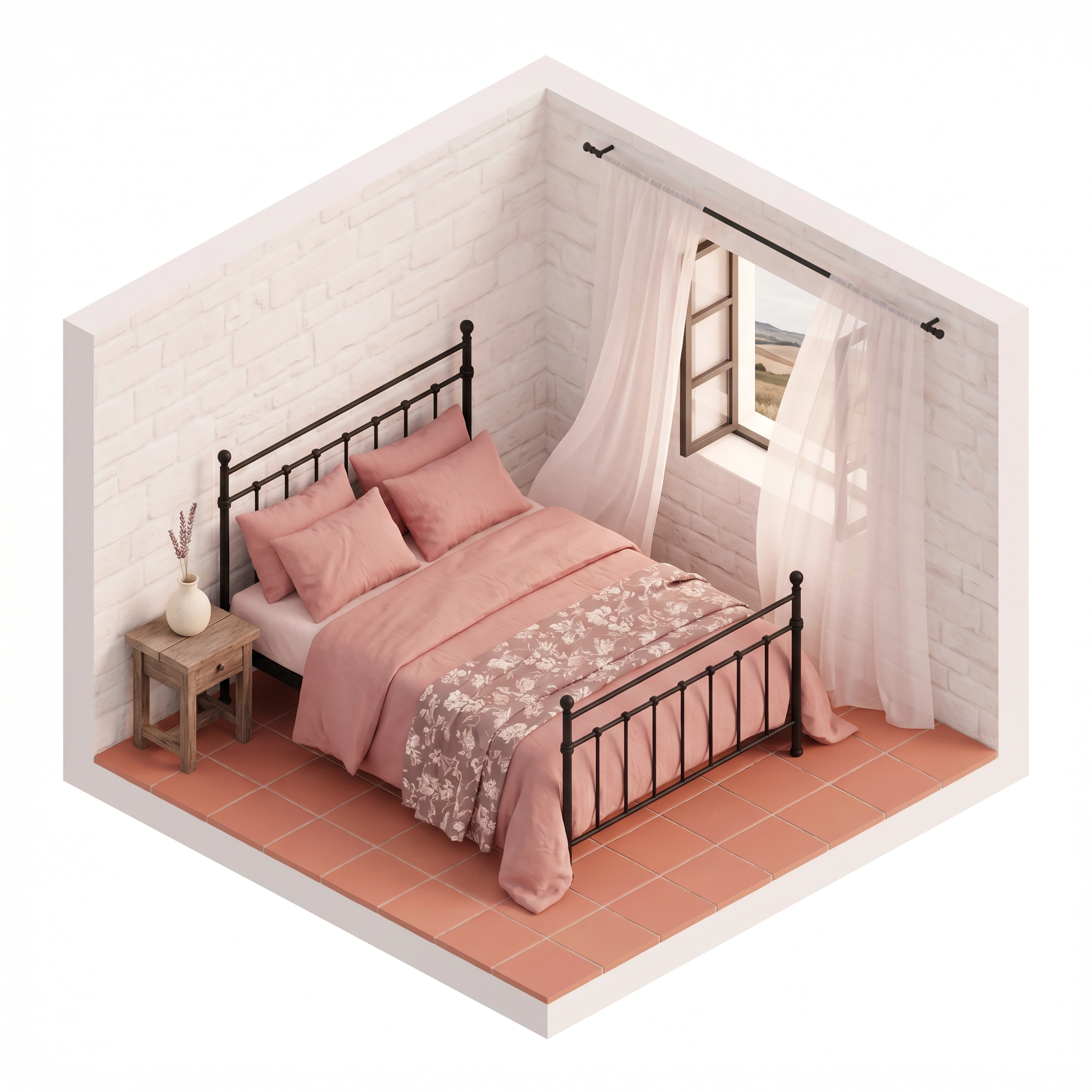 Isometric illustration of a bedroom at Masseria Coucou, Puglia
