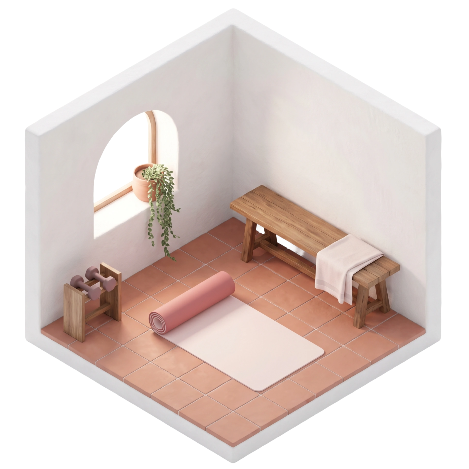 Isometric illustration of the gym nook at Masseria Coucou