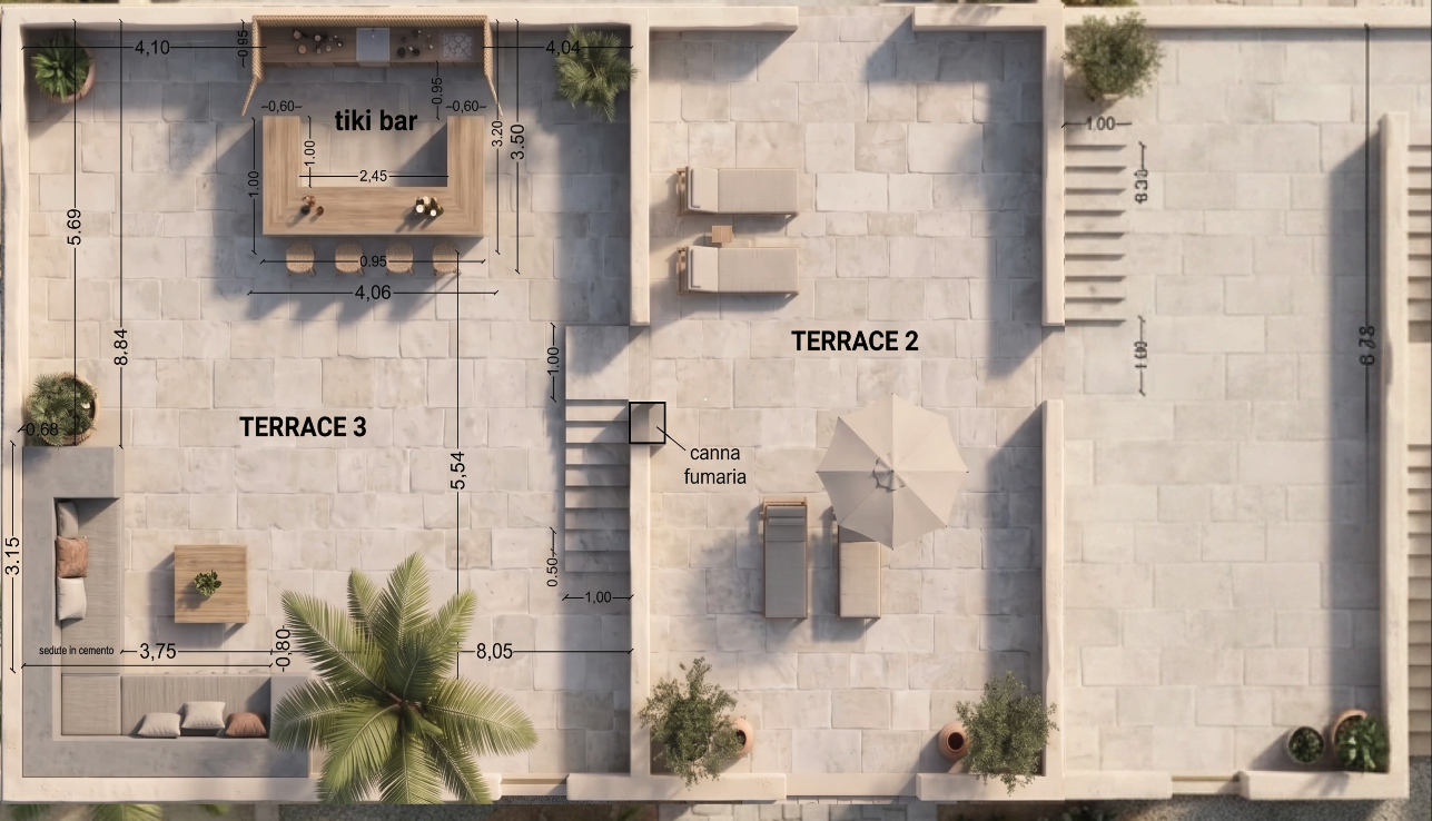Rooftop terrace floor plan at Masseria Coucou, Puglia