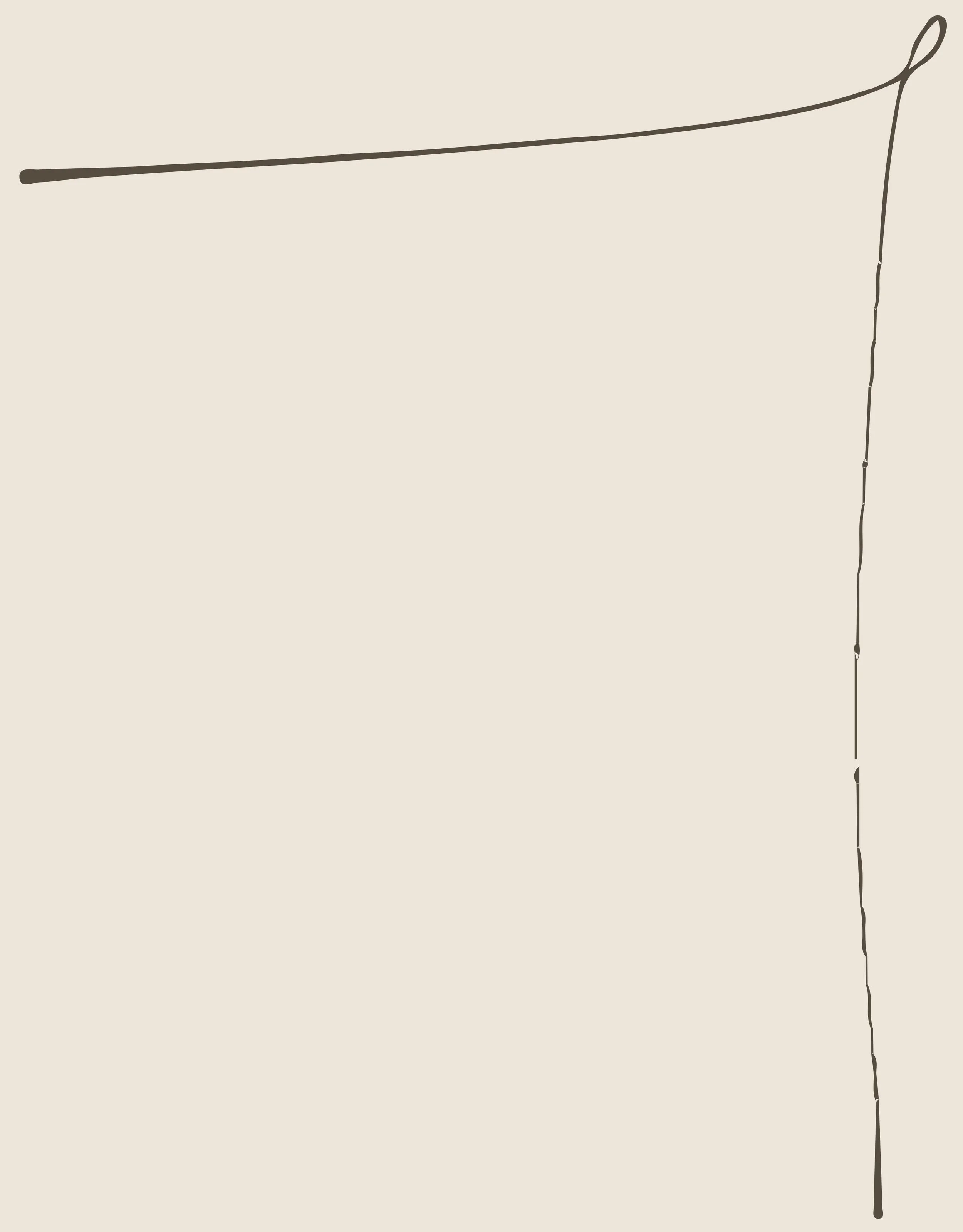 Minimalist illustration of a fishing pole or rod, with line extending upwards and to the right, set against a beige background.