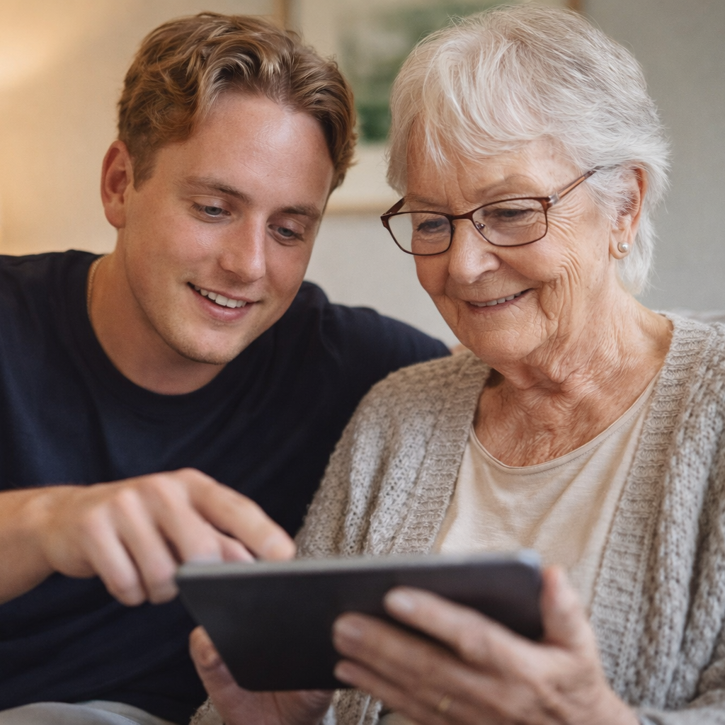 En eldre kvinne og en ung mann ser på en digital enhet sammen og smiler.