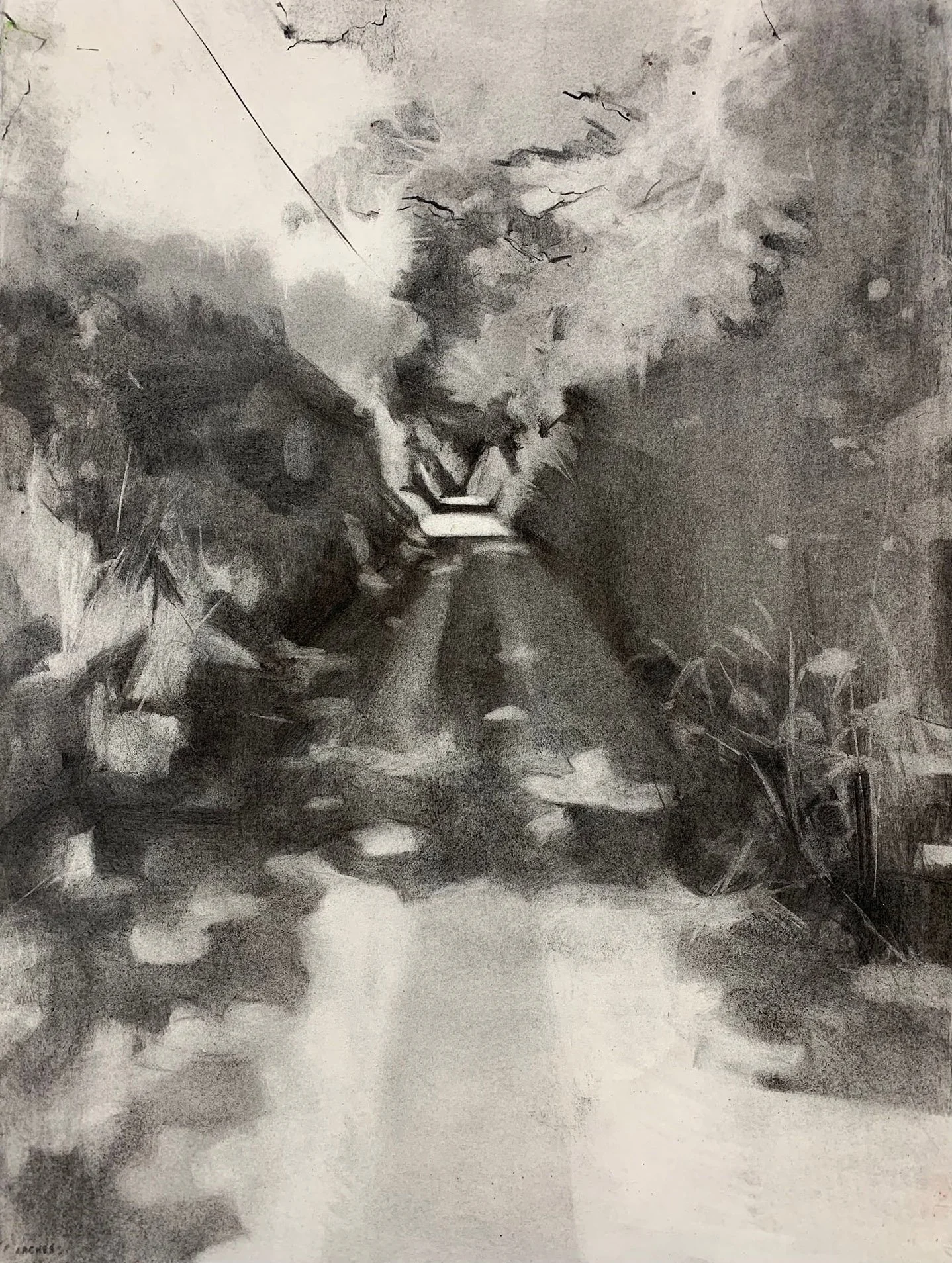A grayscale watercolor painting of a pathway in a forest or park, with trees, bushes, and a cloudy sky overhead.