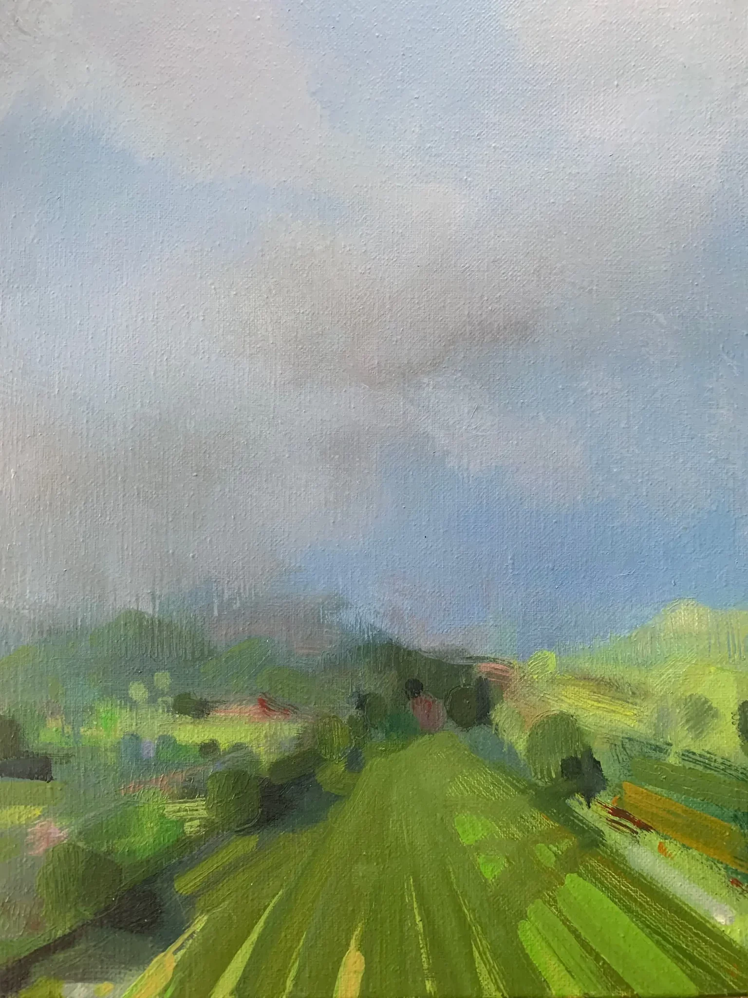 An impressionistic painting of green fields, trees, and a cloudy sky in the distance.