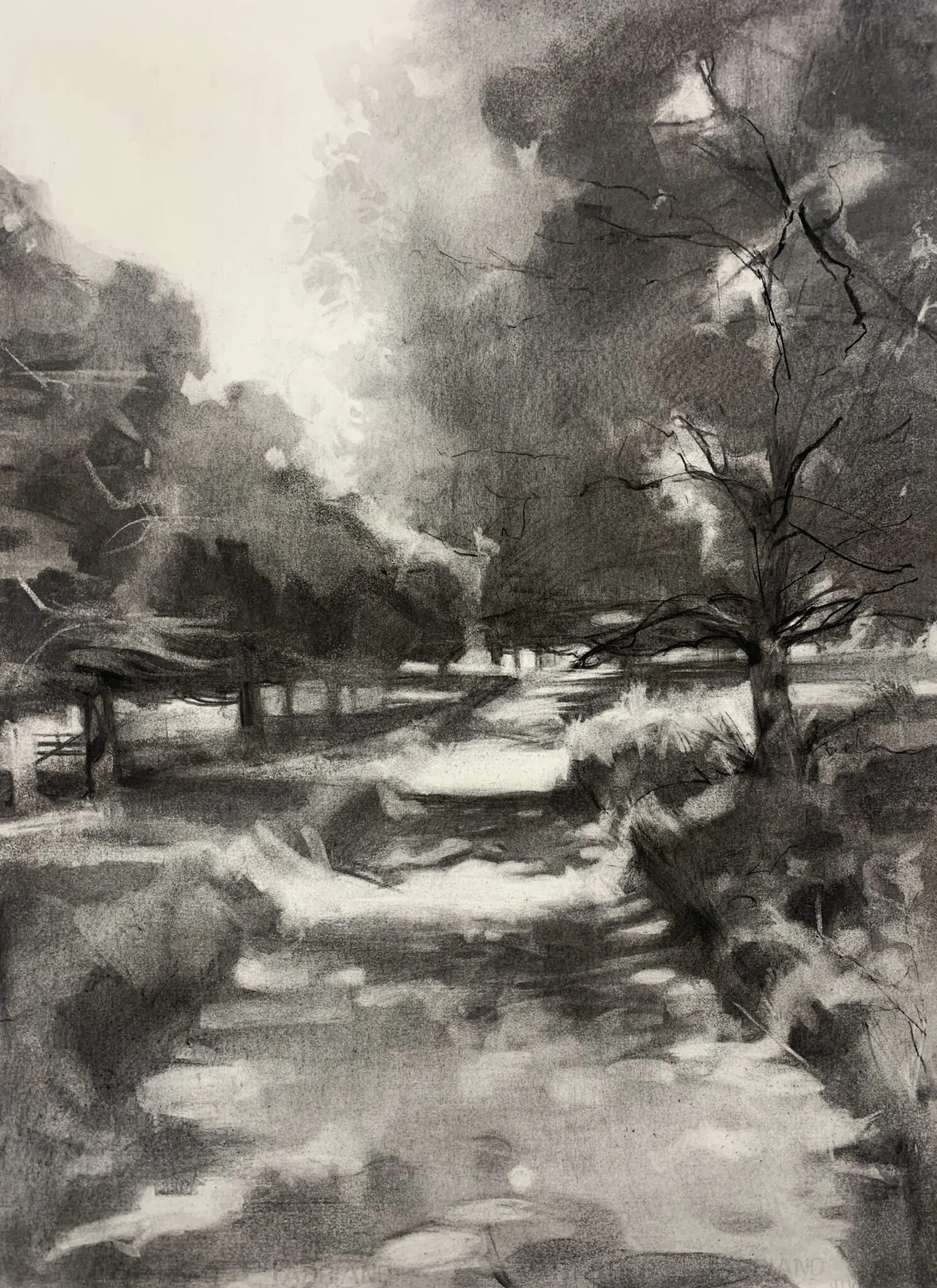 A black and white watercolor painting of a rural scene with a tree in the foreground, a pond, and a house in the background under a cloudy sky.