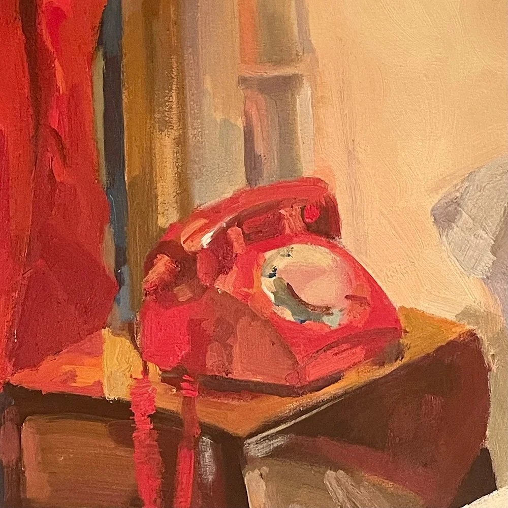 A painting of a red rotary telephone on a wooden table, with a background of abstract warm-toned colors.