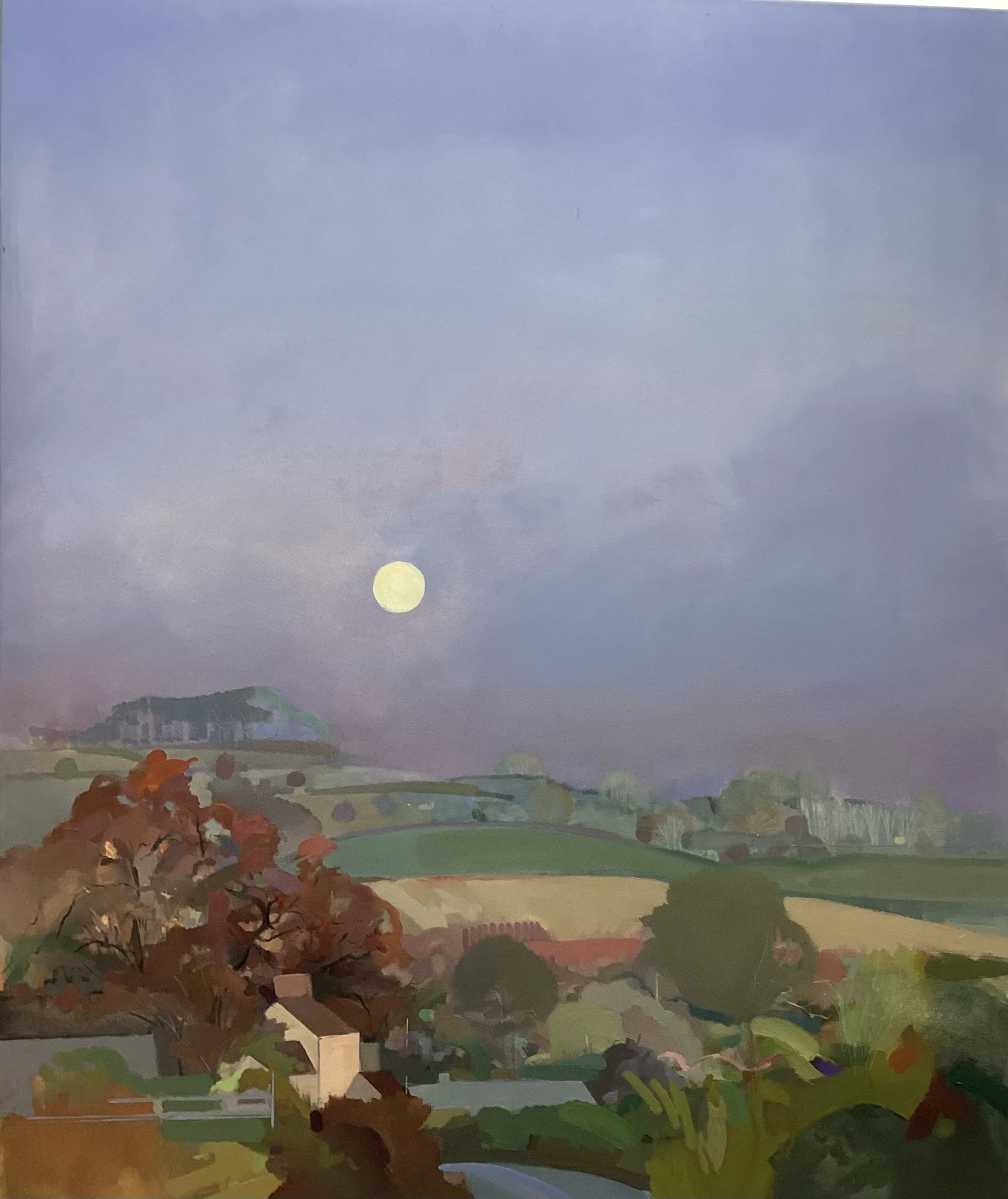 An oil painting of a landscape scene featuring a large, bright full moon in the sky, a hill with autumn-colored trees in the foreground, and a cloudy, purple-tinged sky.