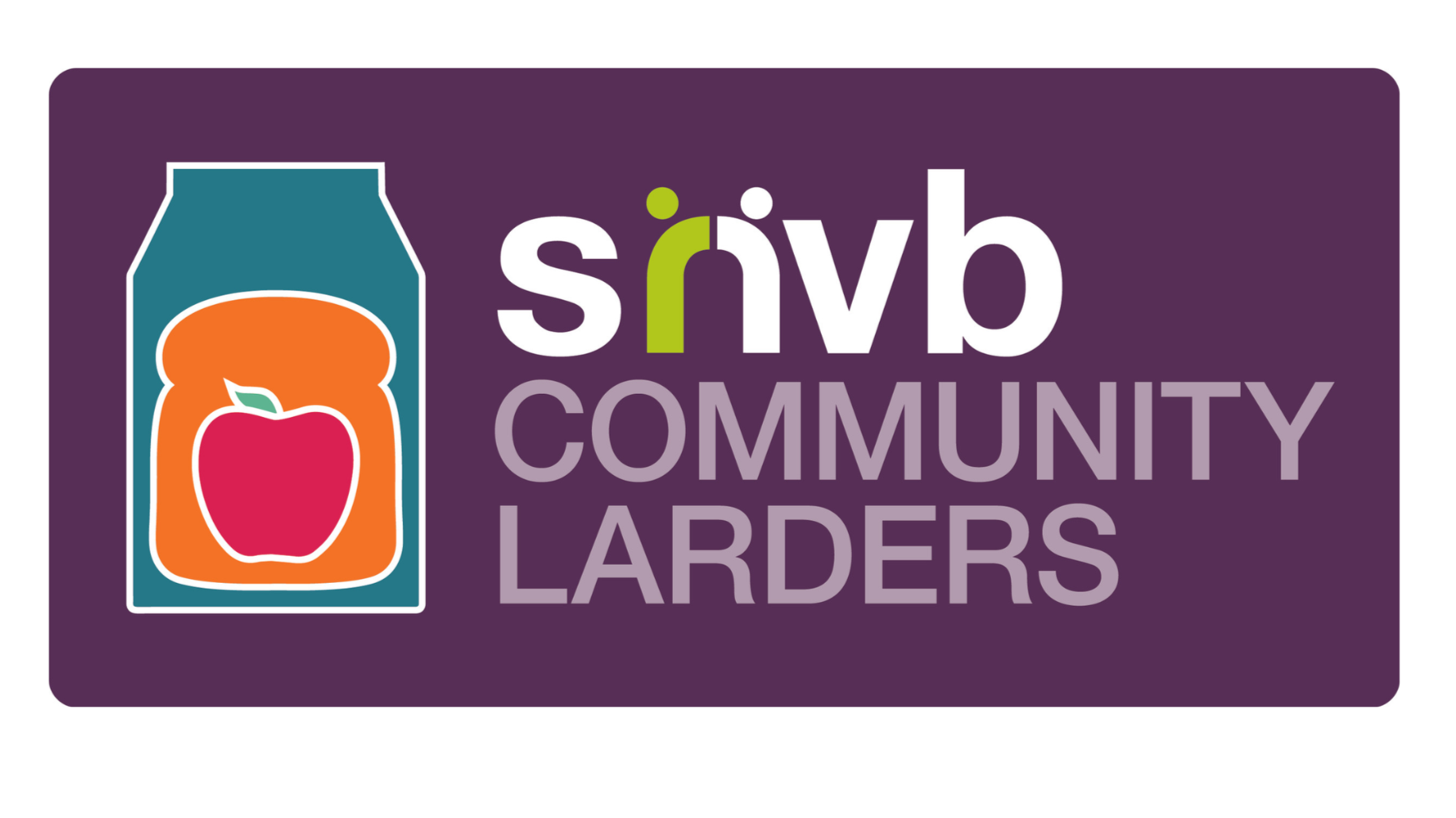 Logo for a community garden project, with a stylized jar containing a red apple, and the words 'SIRVB Community Larders' on a purple background.
