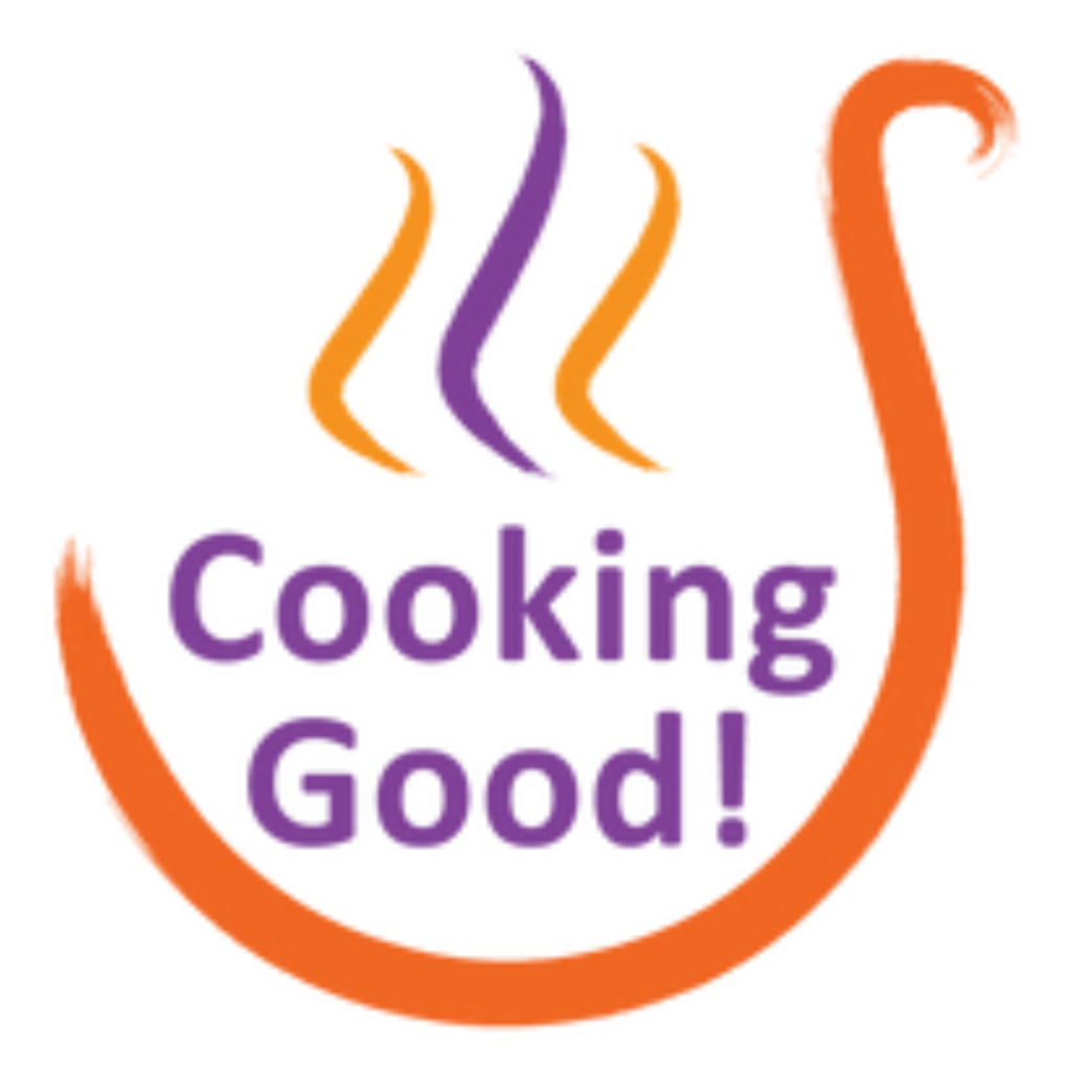 Logo with orange and purple steam lines above the words "Cooking Good!" in purple, encircled by an orange line.