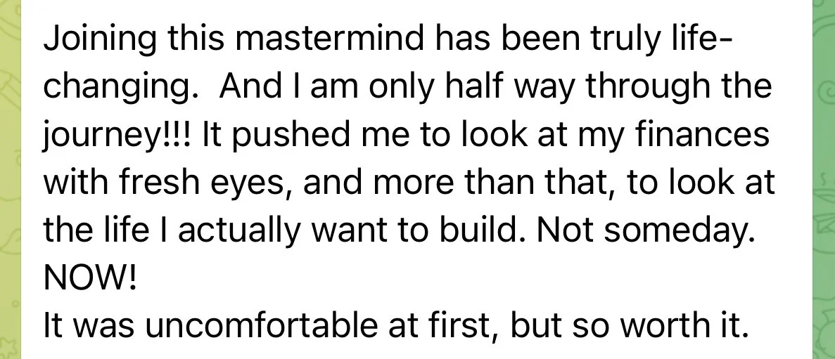 A motivational quote about personal growth and financial reflection on a green background with decorative patterns.