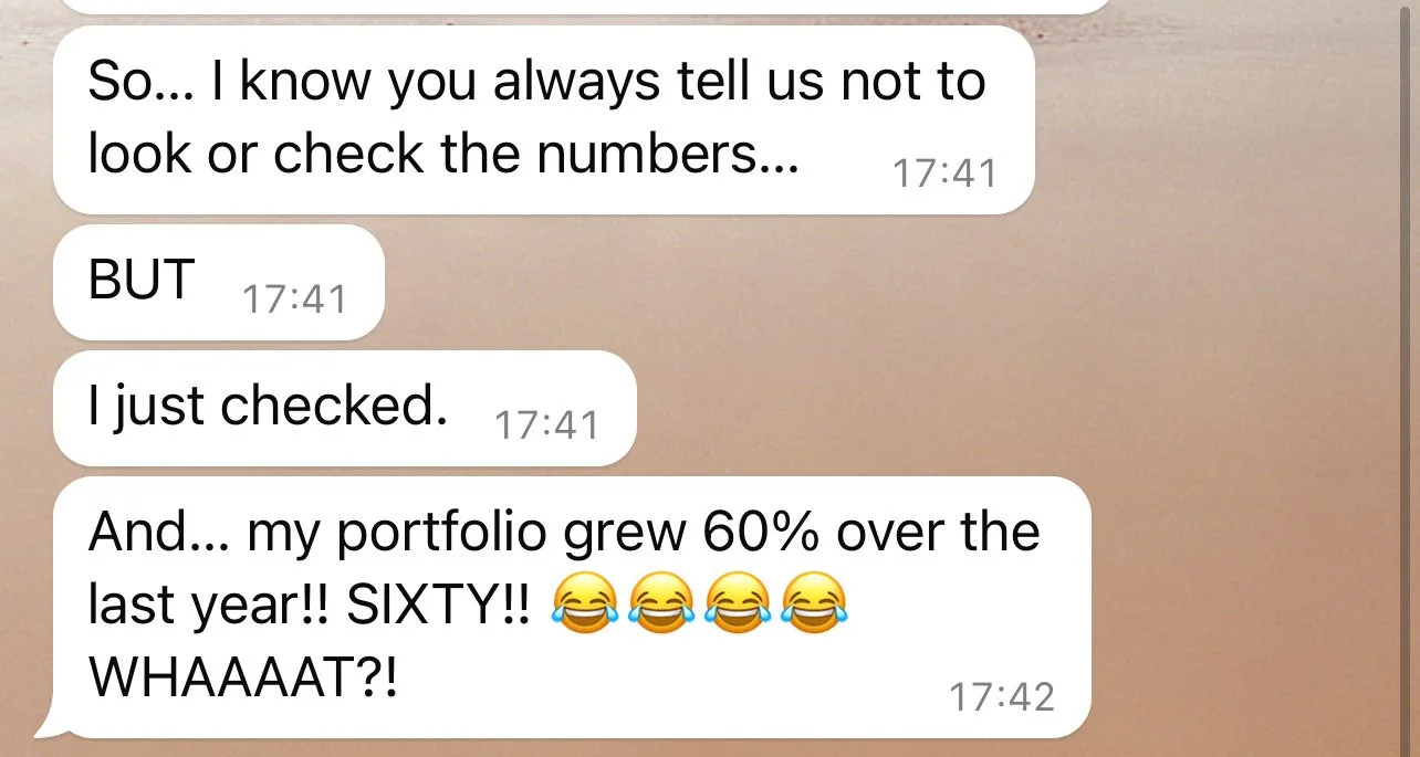 Text message conversation discussing portfolio growth, mentioning a 60% increase over the last year, with emojis expressing surprise.