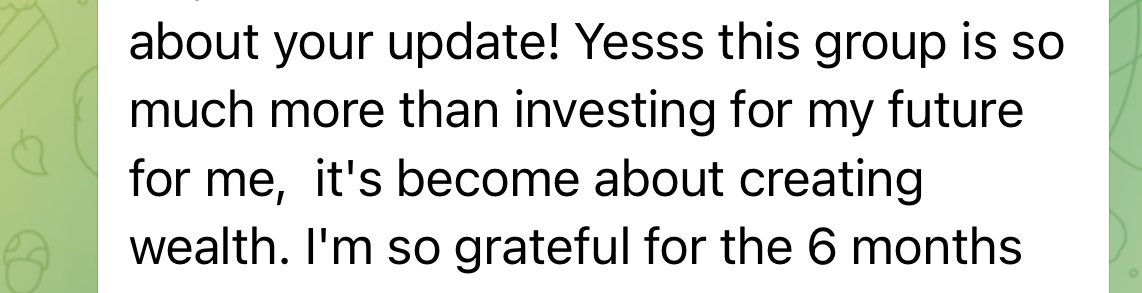 Text message sharing excitement about a group and creating wealth over six months.