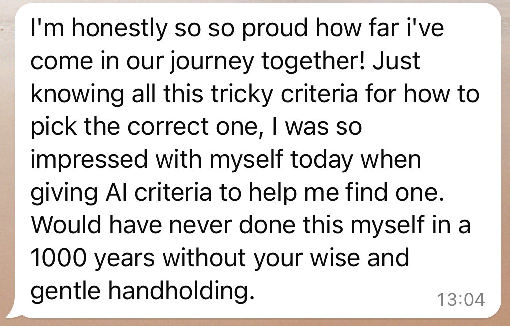 A chat message expressing pride in progress and gratitude Anouk's services