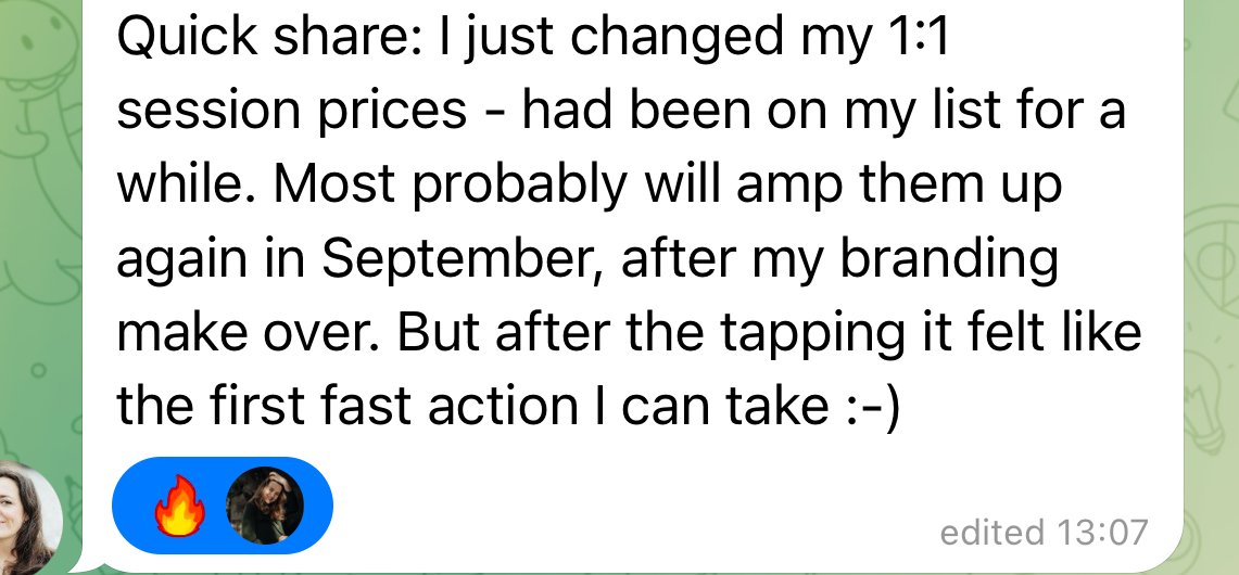 Screenshot of a chat message discussing changes in session prices and a quick action taken after tapping an emoji.