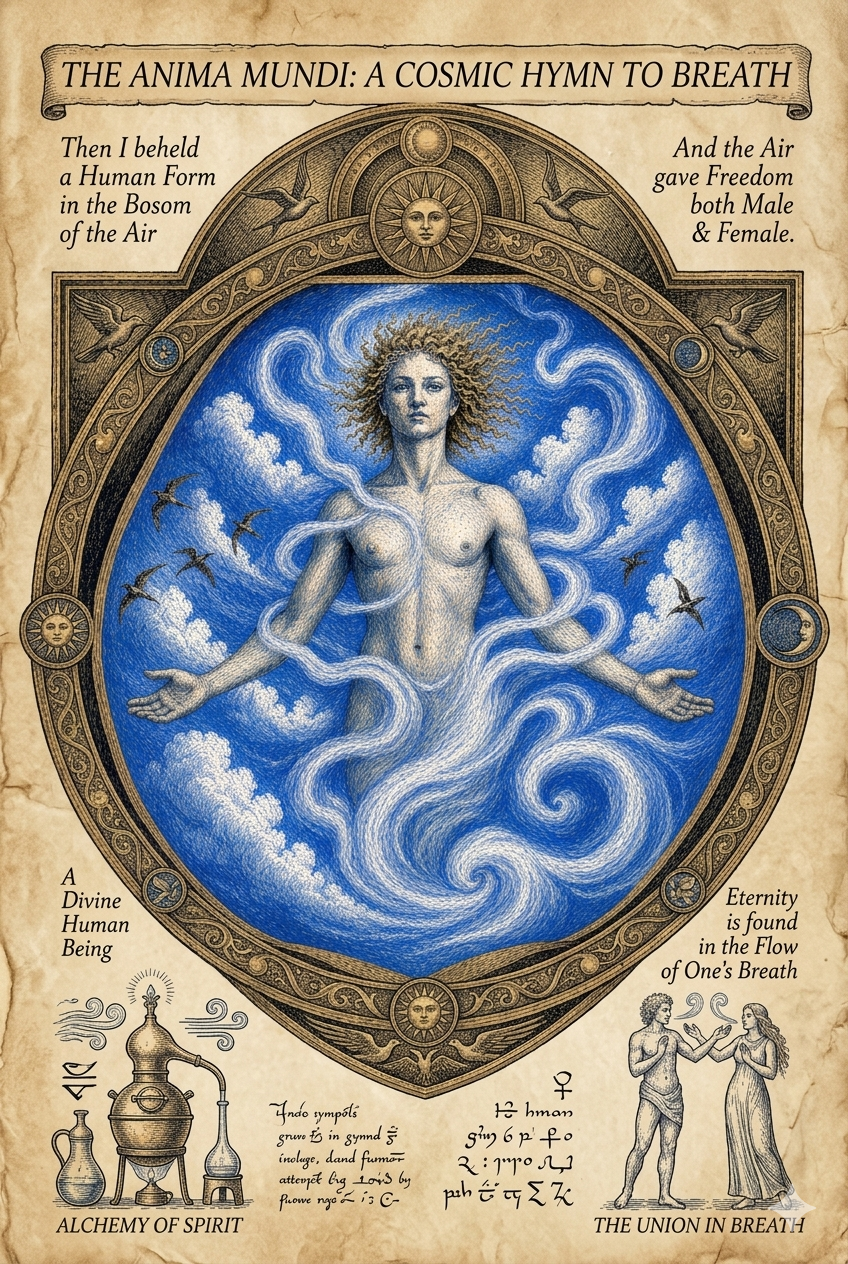 An illustration of a divine female figure with flowing hair and swirling streams of air and clouds around her, representing the divine aspect of breath and spirit. Decorative elements include birds, celestial symbols, and alchemical and symbolic icons, with text referencing spiritual concepts such as the union in breath and eternity in the flow of breath.