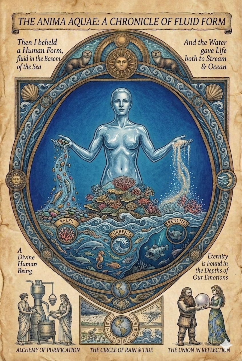 Illustration titled 'The Anima Aquae: A Chronicle of Fluid Form' depicting a woman with a body of water, aquatic life, corals, and currents inside a circular frame with ocean elements. Surrounding scenes include an alchemy of purification with two women and a device, the circle of rain and tide, and the union in reflection with a bearded man and woman holding a crystal ball. Text references divine human being, eternal emotions, reefs, currents, trenches, and water giving life to stream and ocean.