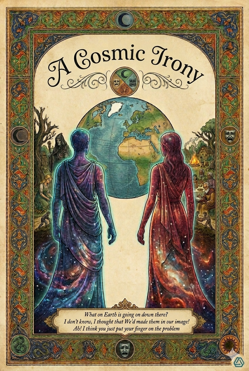 Illustration titled "A Cosmic Irony" showing a globe of Earth with two human figures, a man and a woman, facing away from the viewer, dressed in galaxy-patterned robes. The surrounding scene depicts various historical and cultural elements, such as trees, buildings, portraits, and scenes of conflict. The frame is decorated with ornate patterns, masks, and symbols, including a moon and a sun. A caption at the bottom says, "What on Earth is going on down there? I don't know, I thought that we'd made them in our image! Ah! I think you just put your finger on the problem."
