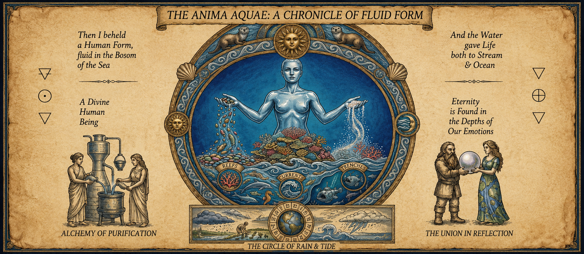 A vintage-style illustration titled 'The Anima Aquae: A Chronicle of Fluid Form.' It depicts a central female figure symbolizing water, with one arm holding coins and the other holding water. Surrounding her are ocean elements like reefs, currents, and trenches, with symbols like the sun and moon. On the left, two women are extracting water from a well, labeled 'Alchemy of Purification.' On the right, a man and woman hold a glowing orb, titled 'The Union in Reflection.' Additional text explains water's life-giving, eternal, and emotional qualities.