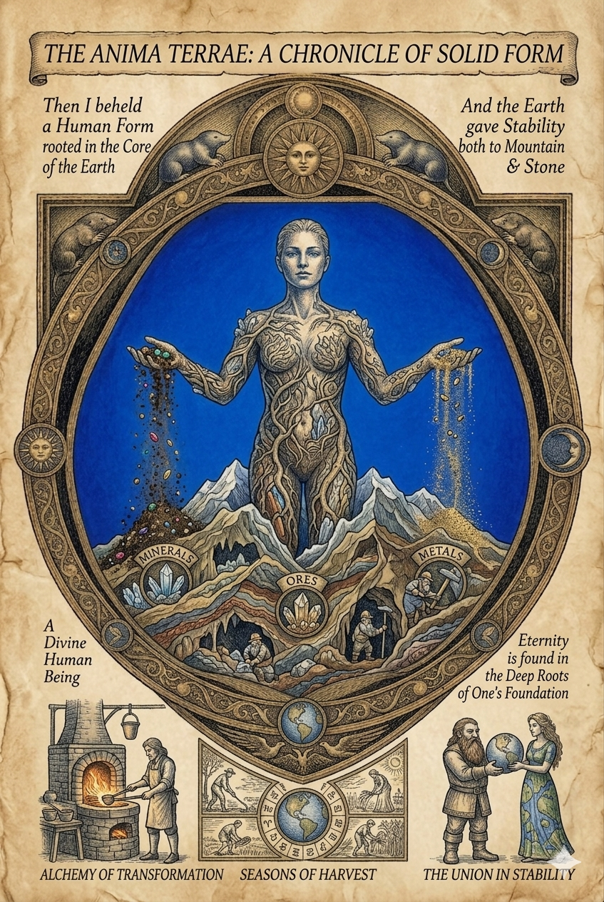 A spiritual illustration titled "The Anima Terrae: A Chronicle of Solid Form" depicts a divine human being with intricate patterns representing the earth's core, surrounded by mountains and labeled minerals, ores, and metals. At the top is a sun with a face, and four animals (likely representing the zodiac) are situated around a circular border. Smaller scenes at the bottom include a person working in a forge, a diagram of Earth's seasons, and a pair exchanging a globe, symbolizing transformation, harvest, and stability.