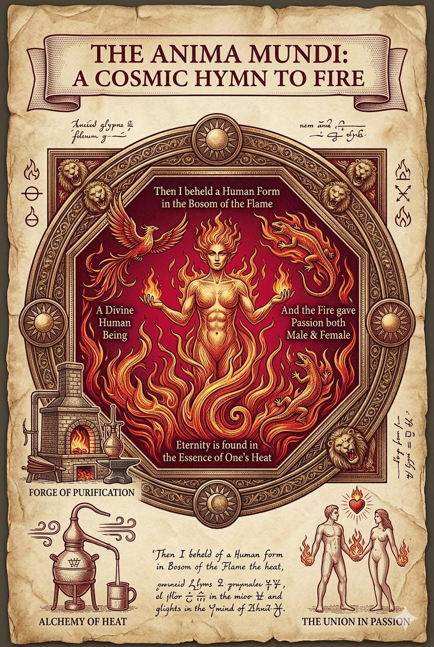 Illustration of a mythological scene with a fiery human figure, surrounded by flames, a phoenix,-lions, and serpents. Contains decorative borders, alchemical symbols, and text about fire, heat, and passion.