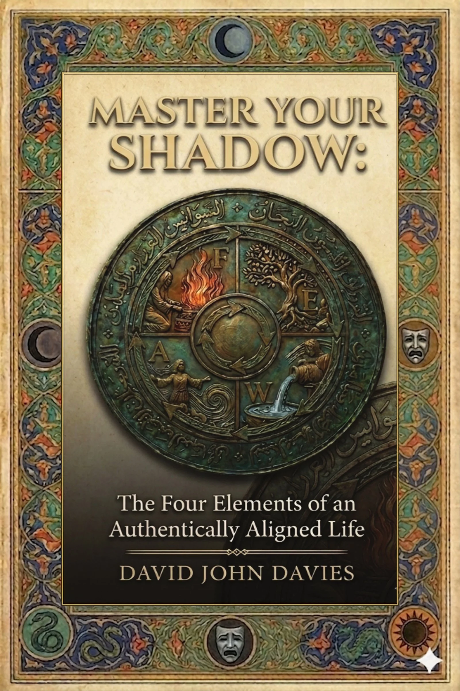 Book cover titled 'Master Your Shadow: The Four Elements of an Authentically Aligned Life' by David John Davies with intricate border art, celestial symbols, and masks.