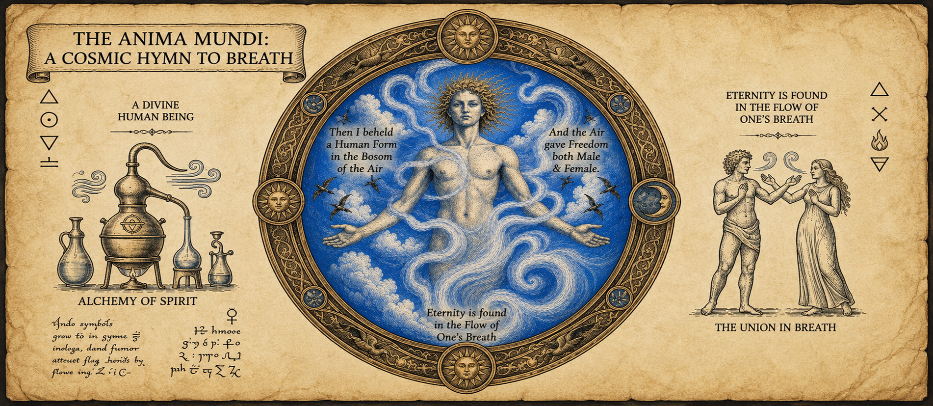 An illustration with a central blue circular image of a woman with flowing hair and smoke around her, representing a divine being. Surrounding the circle are androgynous figures, symbols, and texts about breath and spirit, with decorative borders. There are also sketches of alchemical apparatus and symbols on either side.