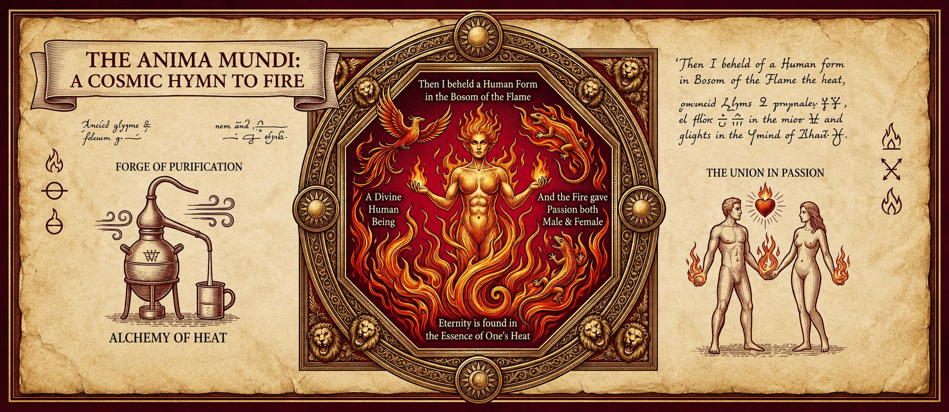 A mystical, parchment-style illustrated diagram with a central figure of a fiery human with arms outstretched, surrounded by flames, a phoenix, and a dragon. Text and symbols relate to alchemy, purification, and the elemental union of male and female energies.