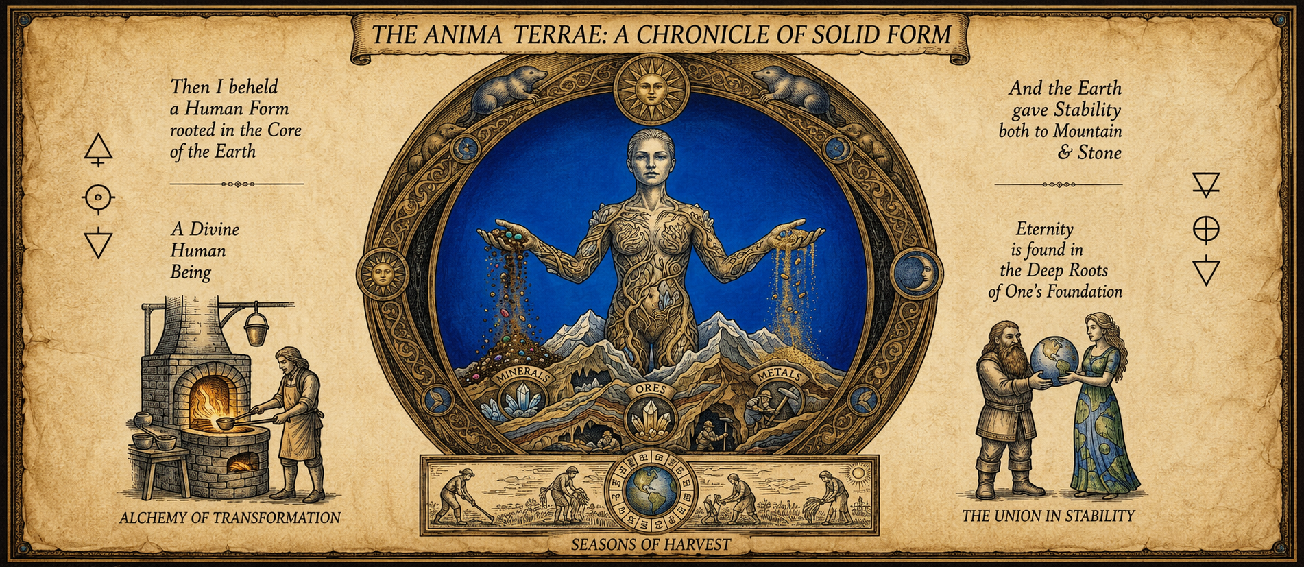Illustration titled "The Anima Terrae: A Chronicle of Solid Form" depicting a humanoid figure with mechanical and natural features, surrounded by mountains, minerals, ores, and metals. The image includes symbols, a person forging in a furnace, and two others holding the Earth, with text about Earth's stability, transformation, seasons, and eternity.