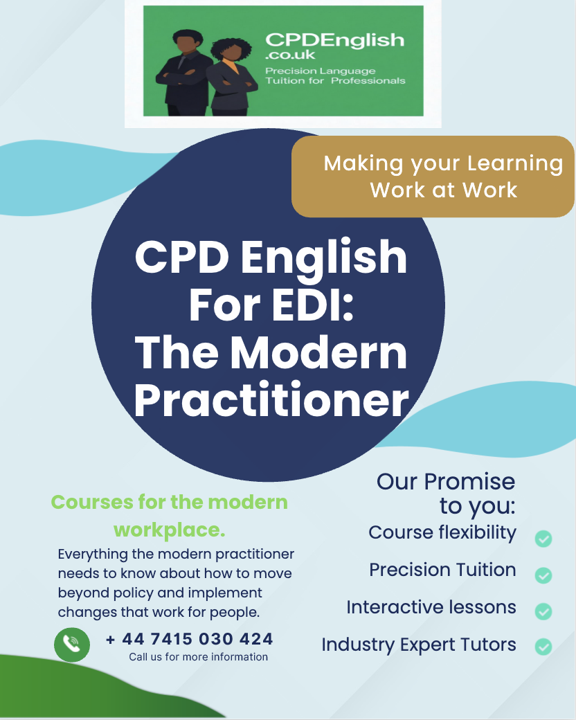 Brochure for CPD English offering modern workplace courses, featuring a dark blue circle with white text, a beige banner with course benefits, and a green contact section with phone number, along with logos and illustrations of professional individuals.