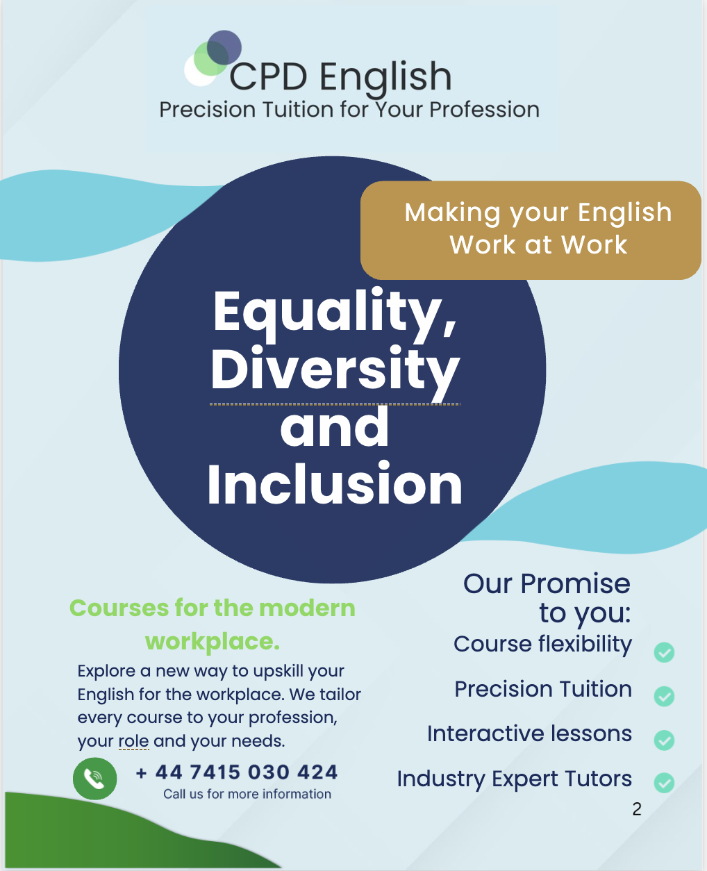 Flyer promoting CPD English courses focused on equality, diversity, and inclusion in the workplace. Features a large dark blue circle with course title, yellow banner with tagline, and contact info at the bottom.