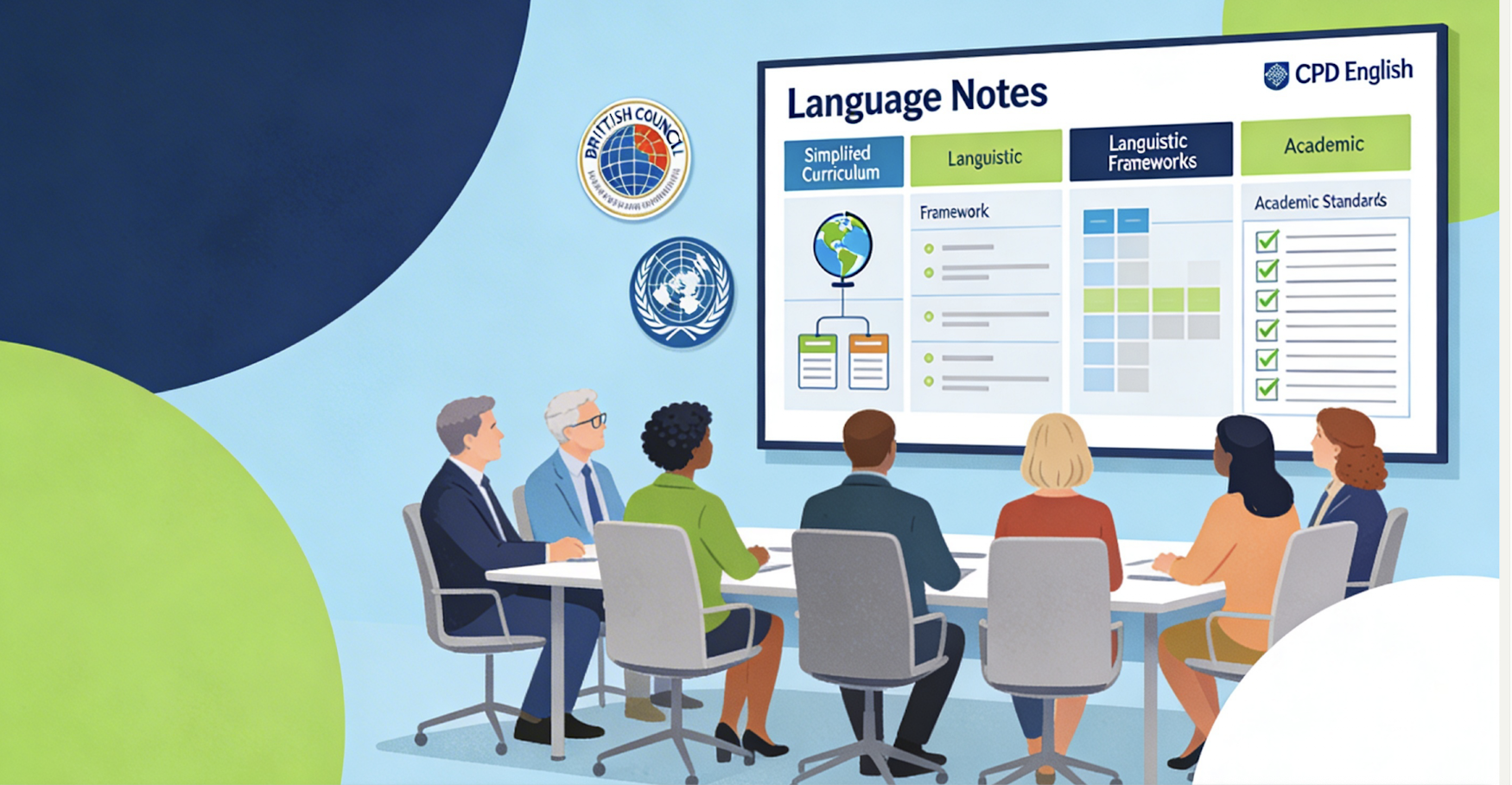 A diverse group of eight people seated at a conference table, watching a presentation on a large screen displaying language notes, logos of the British Council and the United Nations, and colorful charts and checklists.