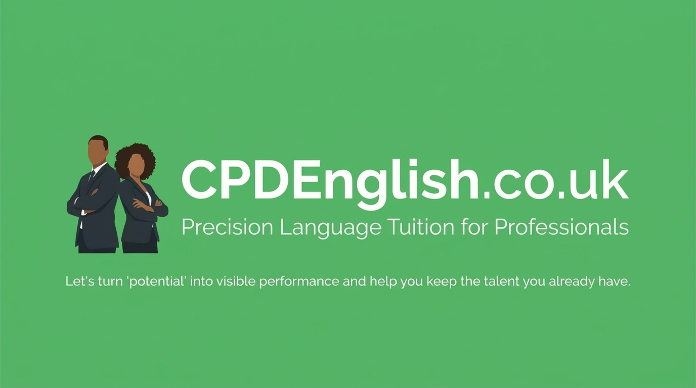 Logo and text for CPDEnglish.co.uk on a green gradient background, featuring illustrated business professionals and the tagline 'Precision Language Tuition for Professionals'.